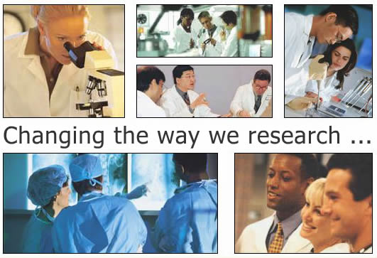 Doctors and researchers working together with the phrase "Changing the way we research".